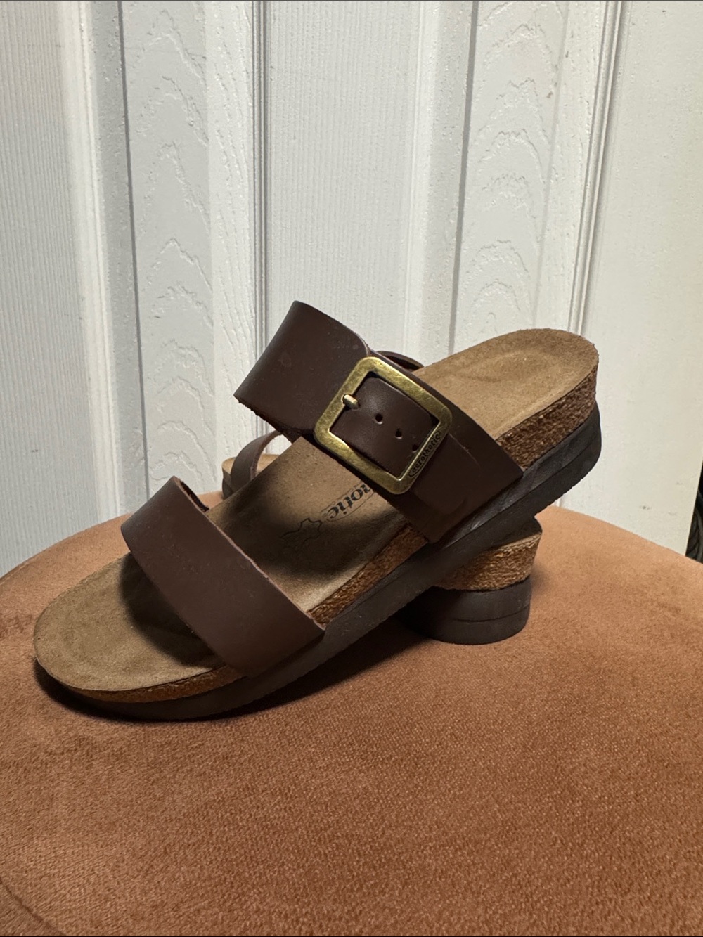 Women's Aerothotic Brown Double-Strap Slide Sandals with Buckle
